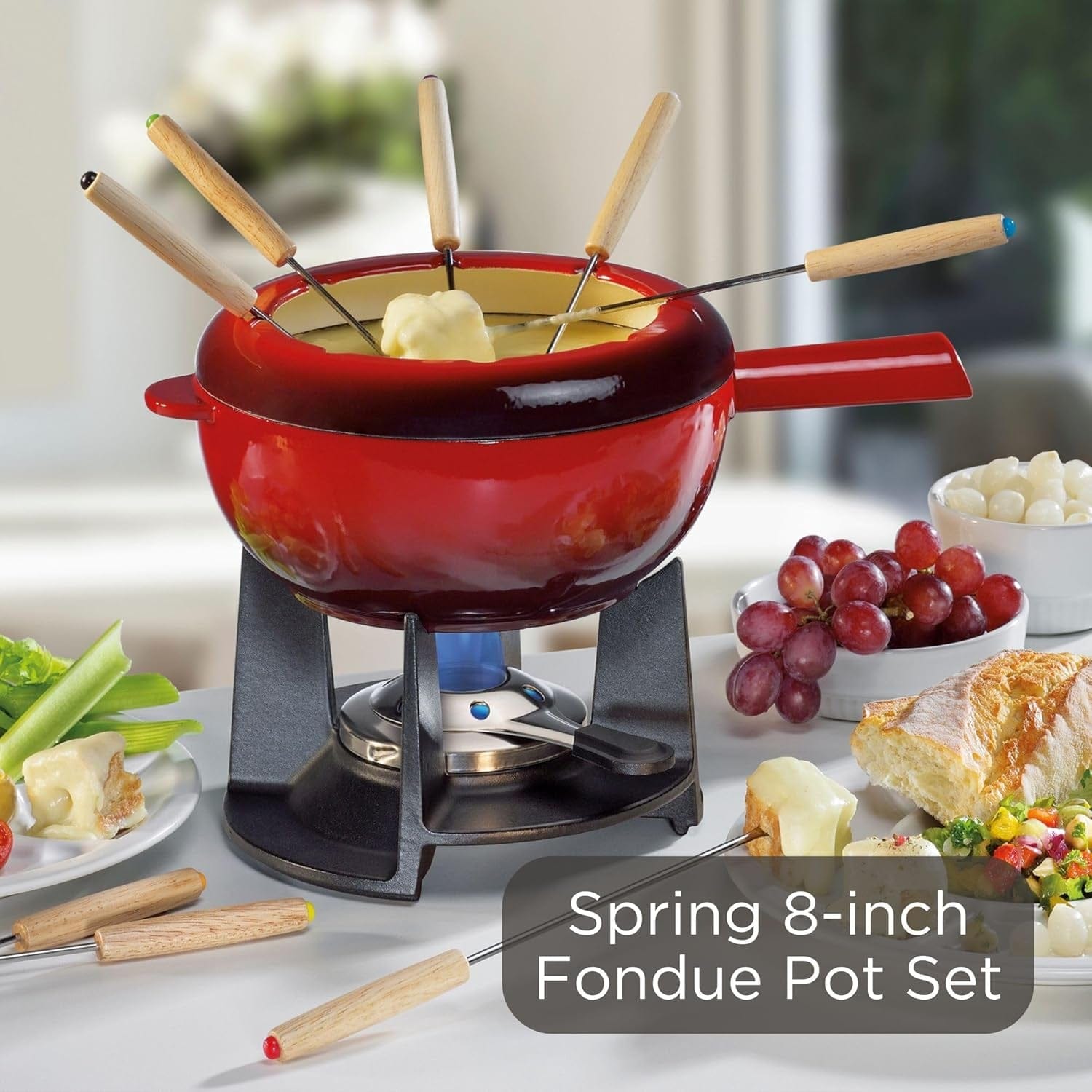 Spring Gusseisen Fondue Set Rot | Ø 20 Cm | Mit 8 Fonduegabeln Und Spritzschutz | Für Käsefondue, Fleischfondue | Rechaud Brenner