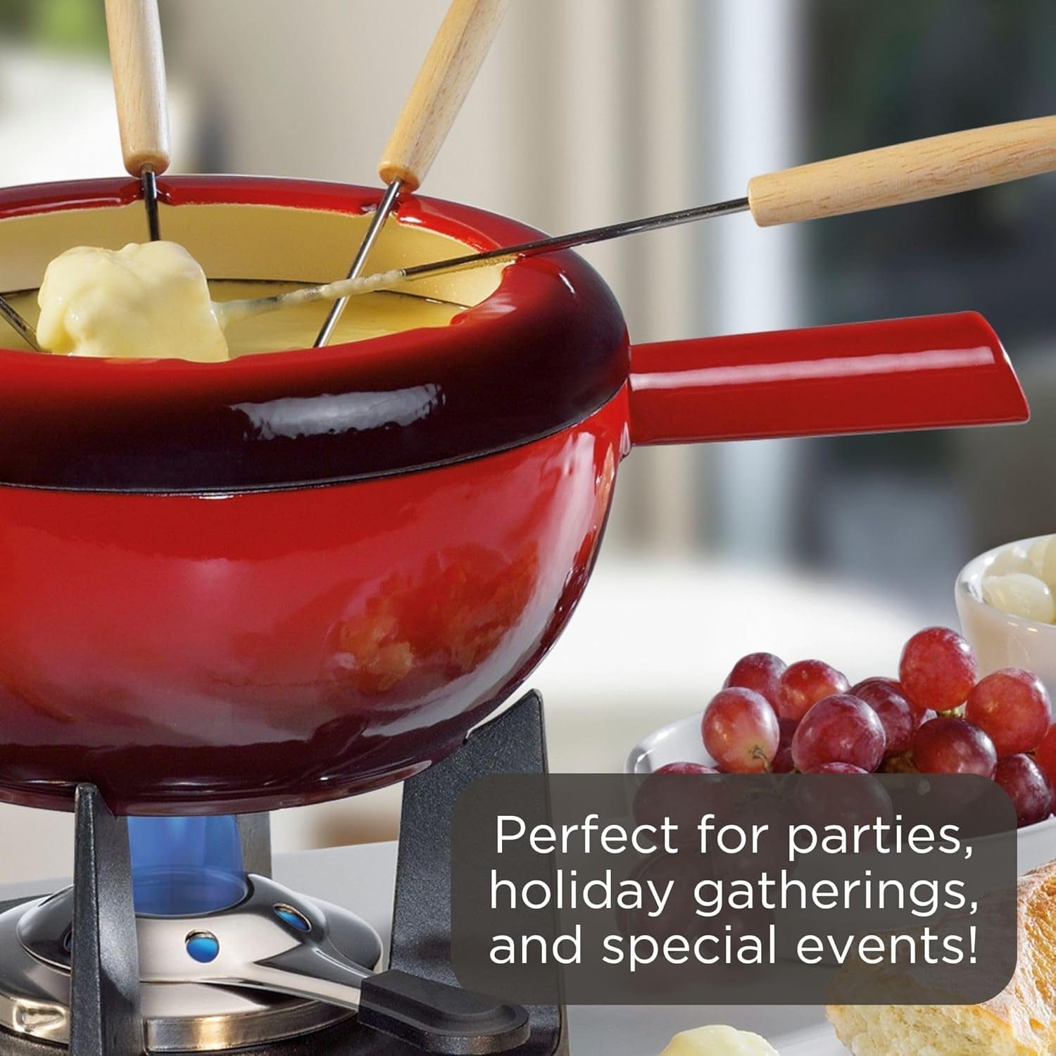 Spring Gusseisen Fondue Set Rot | Ø 20 Cm | Mit 8 Fonduegabeln Und Spritzschutz | Für Käsefondue, Fleischfondue | Rechaud Brenner