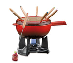 Spring Gusseisen Fondue Set Rot | Ø 20 Cm | Mit 8 Fonduegabeln Und Spritzschutz | Für Käsefondue, Fleischfondue | Rechaud Brenner