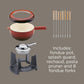 Spring Gusseisen Fondue Set Rot | Ø 20 Cm | Mit 8 Fonduegabeln Und Spritzschutz | Für Käsefondue, Fleischfondue | Rechaud Brenner