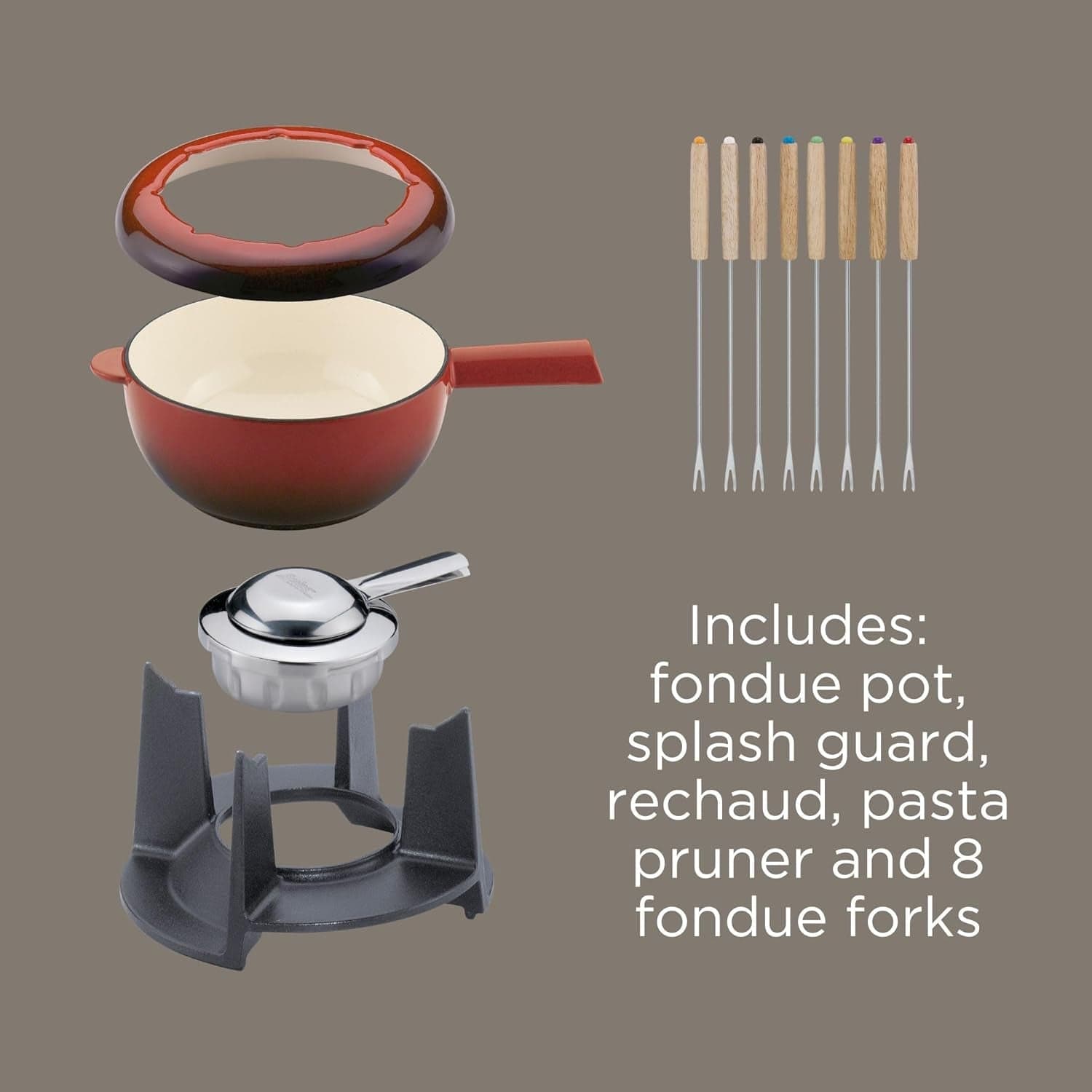 Spring Gusseisen Fondue Set Rot | Ø 20 Cm | Mit 8 Fonduegabeln Und Spritzschutz | Für Käsefondue, Fleischfondue | Rechaud Brenner