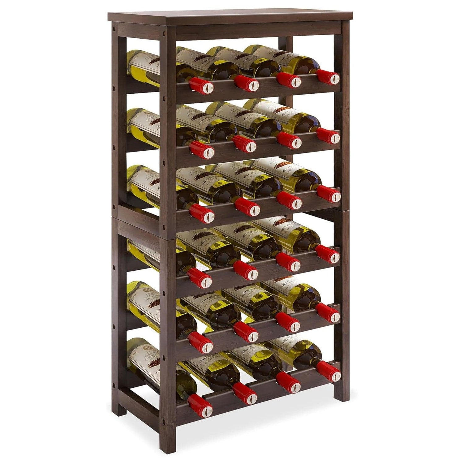 STELLSTAR 24 Flasche Weinregal Freistehend Boden, 6 Tier Wein Display Lagerung Regale Mit Tischplatte, Bambus Weinflaschenhalter Stand Mit Wave Bars Für Küche Esszimmer Speisekammer, Schwarz Walnuss