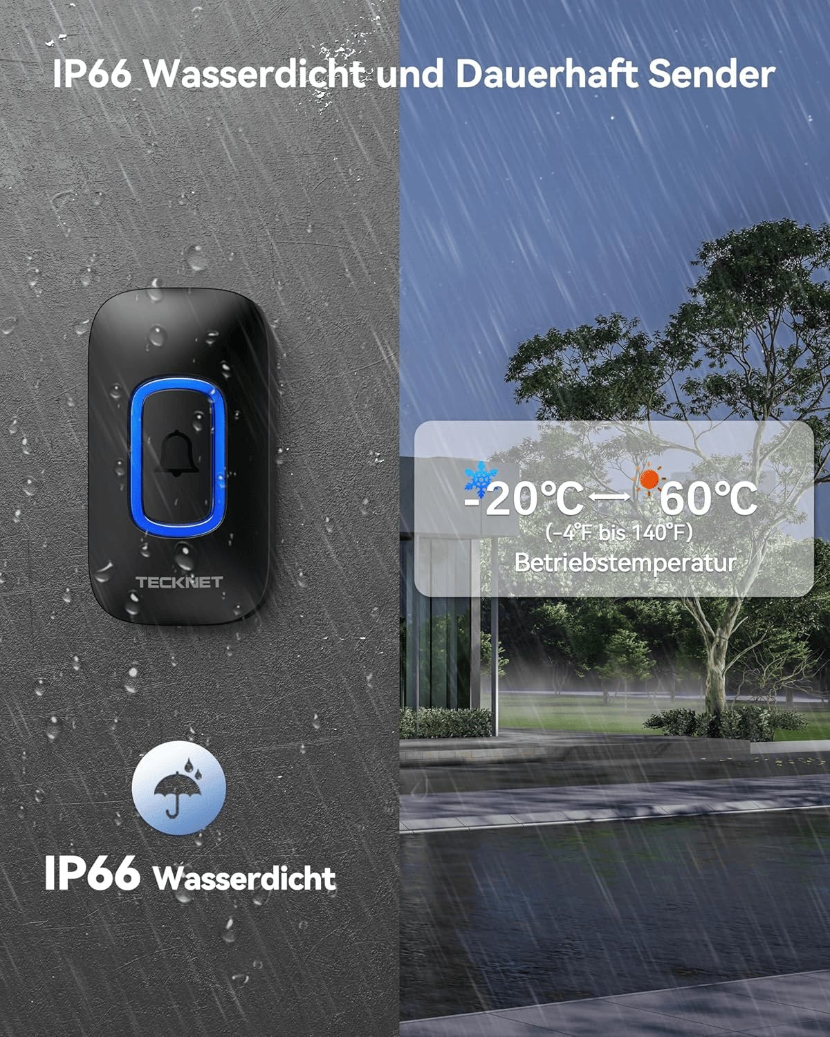 TECKNET Funkklingel, Kabellose Türklingel Mit RGB Licht, IP66 Wasserdicht Außen Funkklingel Batteriebetrieben, 400M Reichweite, 60 Melodien, Funk Klingel Haustür Kit Mit 4,5 Jahre Lebensdauer