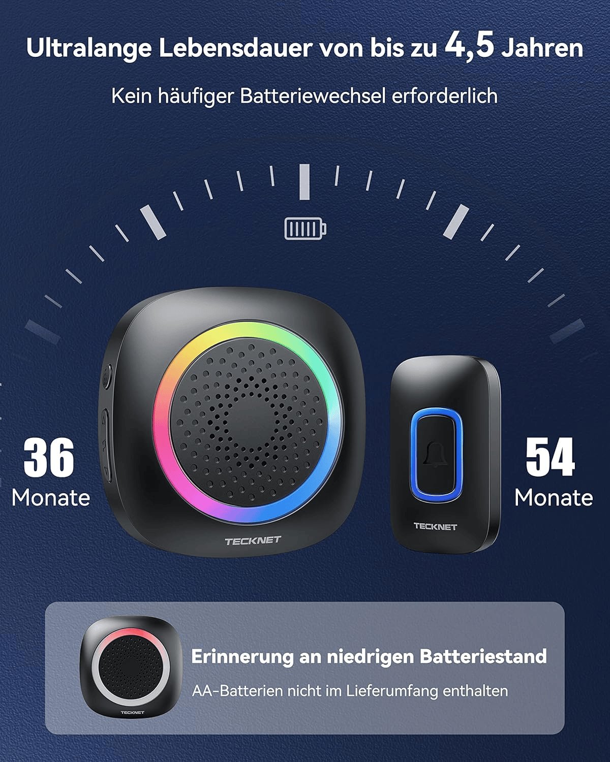 TECKNET Funkklingel, Kabellose Türklingel Mit RGB Licht, IP66 Wasserdicht Außen Funkklingel Batteriebetrieben, 400M Reichweite, 60 Melodien, Funk Klingel Haustür Kit Mit 4,5 Jahre Lebensdauer