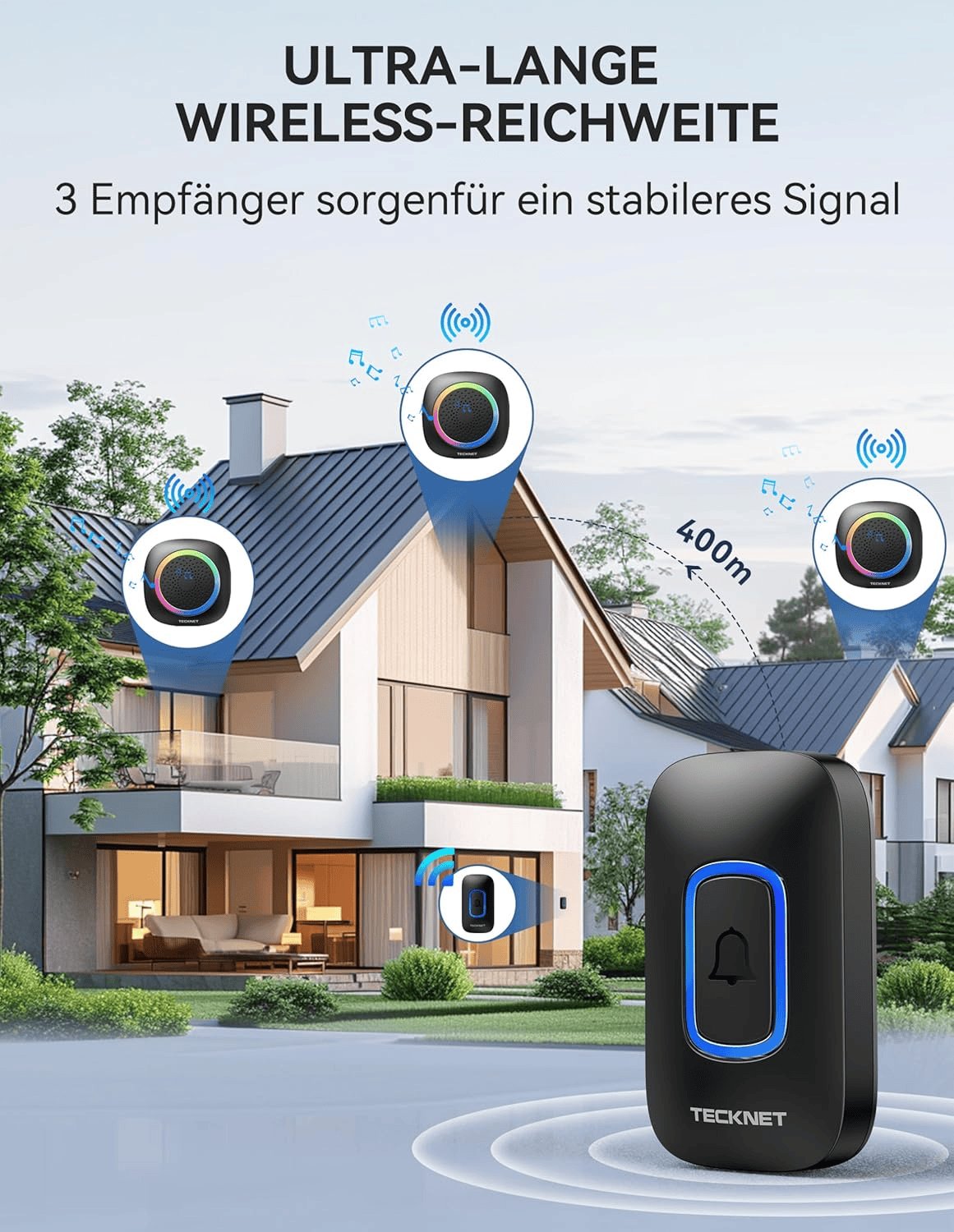 TECKNET Funkklingel, Kabellose Türklingel Mit RGB Licht, IP66 Wasserdicht Außen Funkklingel Batteriebetrieben, 400M Reichweite, 60 Melodien, Funk Klingel Haustür Kit Mit 4,5 Jahre Lebensdauer
