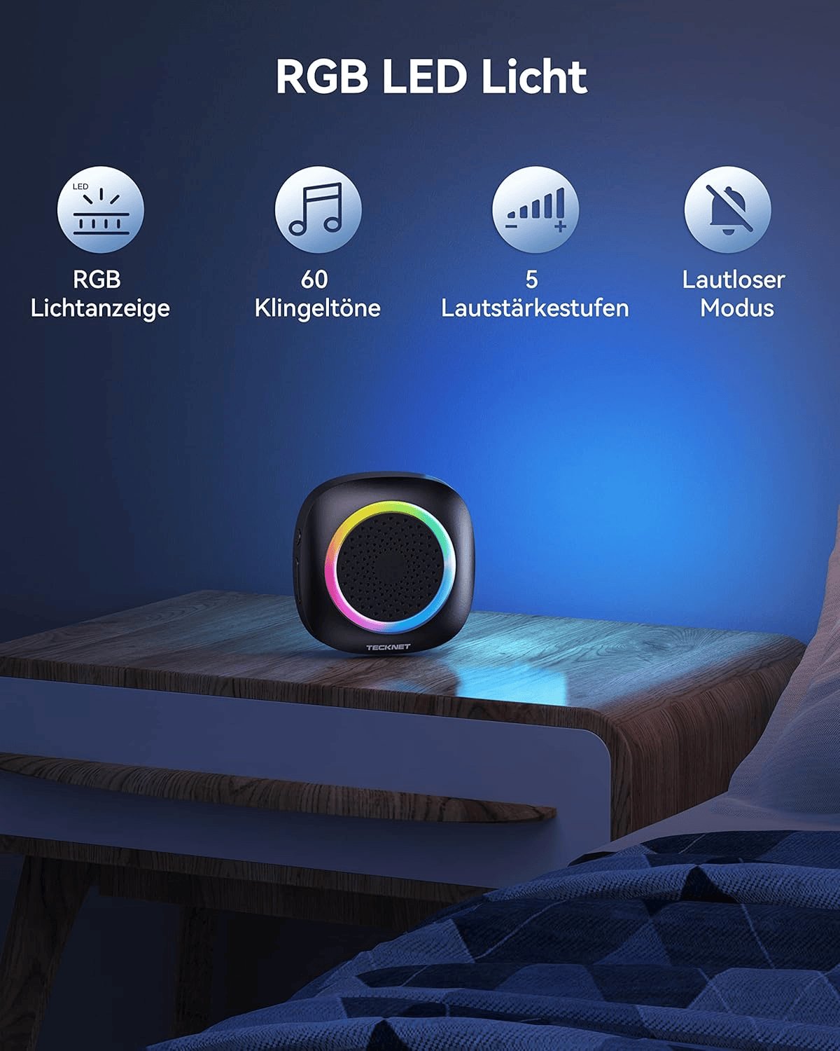 TECKNET Funkklingel, Kabellose Türklingel Mit RGB Licht, IP66 Wasserdicht Außen Funkklingel Batteriebetrieben, 400M Reichweite, 60 Melodien, Funk Klingel Haustür Kit Mit 4,5 Jahre Lebensdauer