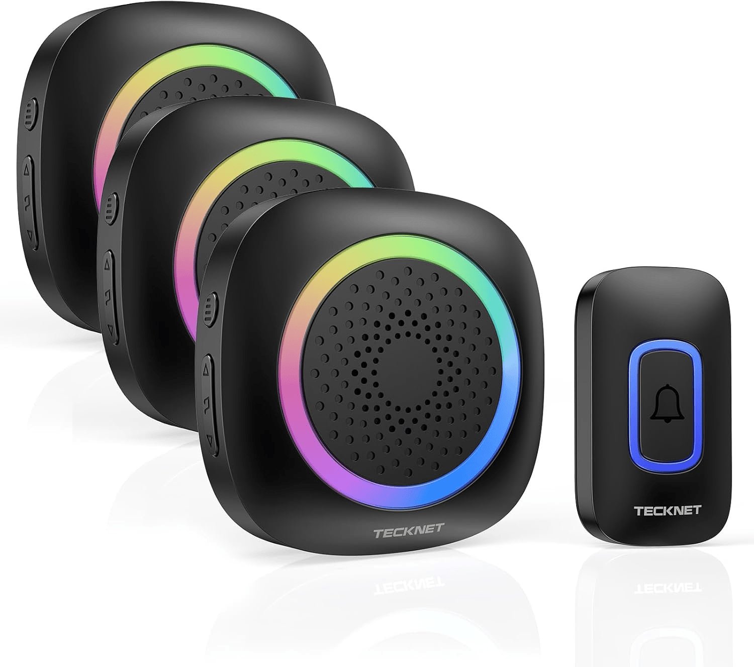 TECKNET Funkklingel, Kabellose Türklingel Mit RGB Licht, IP66 Wasserdicht Außen Funkklingel Batteriebetrieben, 400M Reichweite, 60 Melodien, Funk Klingel Haustür Kit Mit 4,5 Jahre Lebensdauer Schwarz