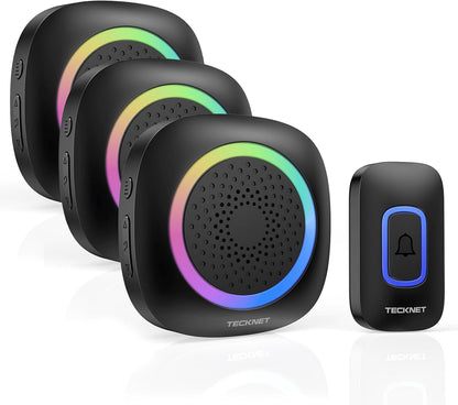 TECKNET Funkklingel, Kabellose Türklingel Mit RGB Licht, IP66 Wasserdicht Außen Funkklingel Batteriebetrieben, 400M Reichweite, 60 Melodien, Funk Klingel Haustür Kit Mit 4,5 Jahre Lebensdauer Schwarz