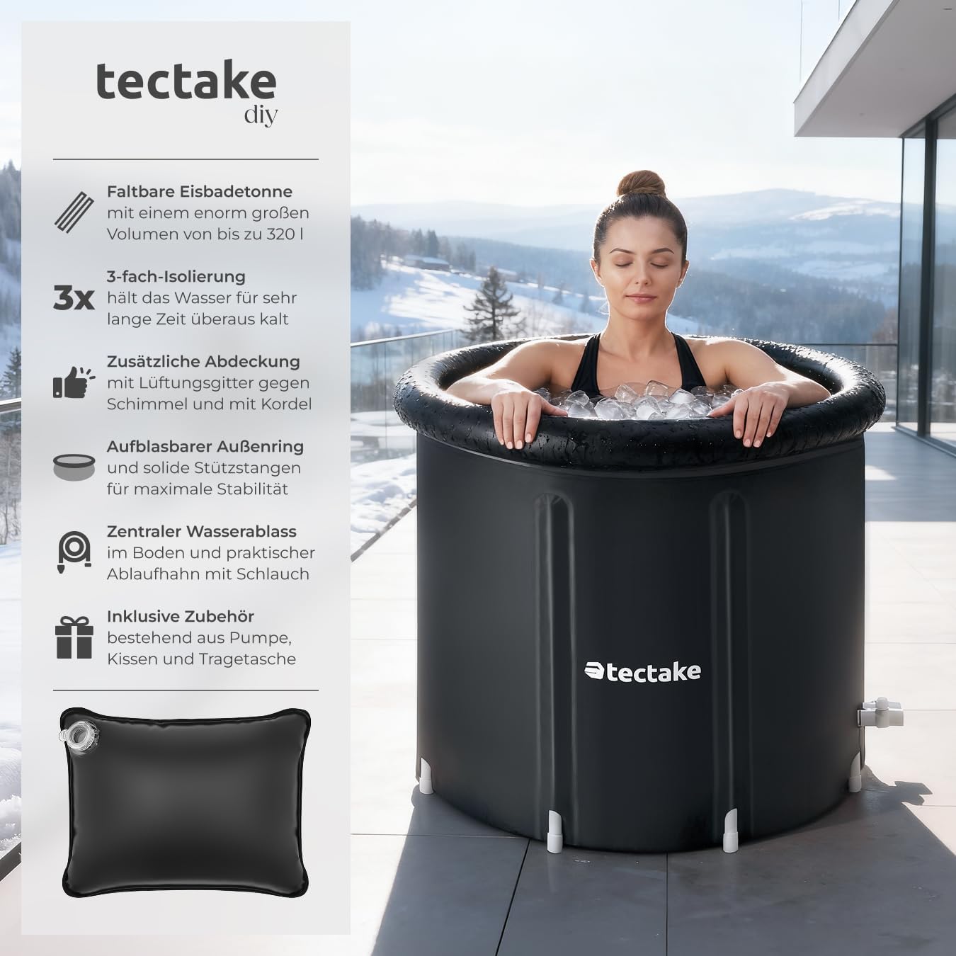 Tectake® Eisbadewanne Mit Abdeckung, Eisbaden Tonne, Badewanne Für Eisbad, Eistonne, Aufblasbare Badetonne Wassertonne, Faltbare Badewanne Erwachsene Für Kältetherapie & Sportler - Ø 75 X 75 Cm