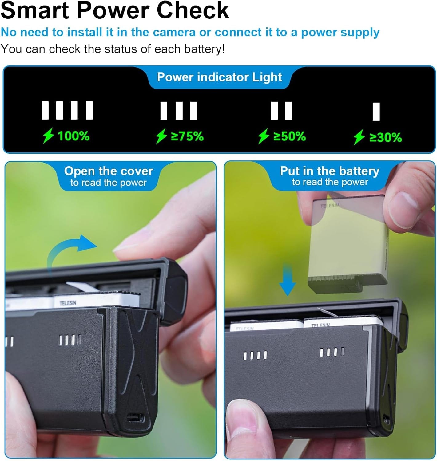 TELESIN Enduro Batterieladegerät Mit Smart-Stromanzeige Und Seitlichem Ladeanschluss Für Gopro Hero 13 Go Pro Ladezubehör Taschenformat Tragbar