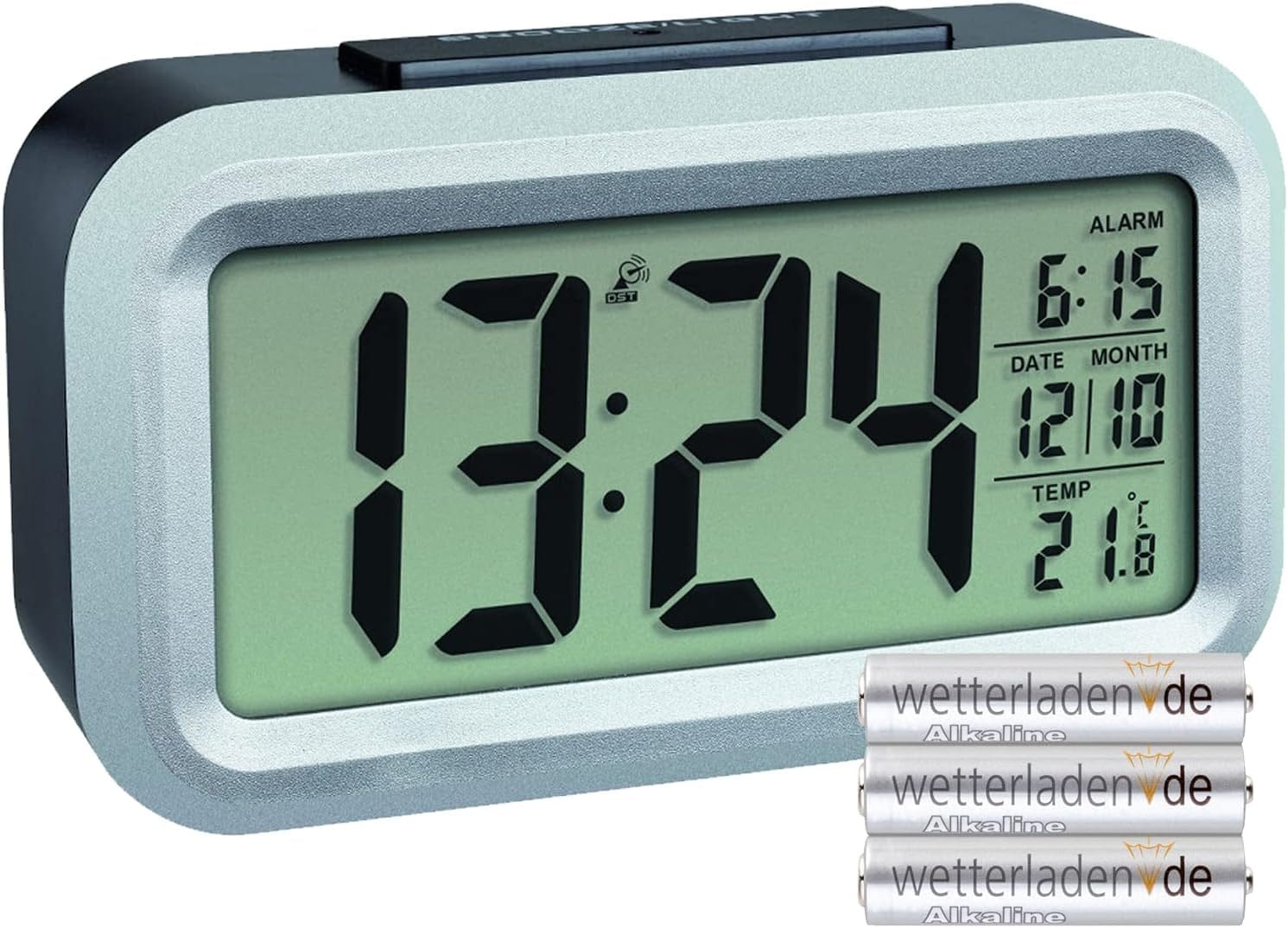 TFA Dostmann LUMIO plus Digitaler Funk-Wecker Mit Temperatur, 60.2553.02, Automatische Nachtbeleuchtung Einstellbar, Lcd-Display, Datum Inkl Funkuhr, Weiß/Silber Weiß/Silber