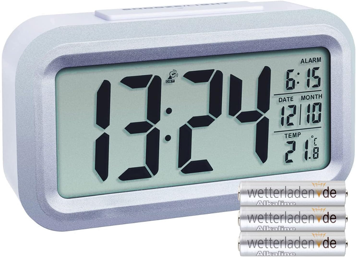 TFA Dostmann LUMIO plus Digitaler Funk-Wecker Mit Temperatur, 60.2553.02, Automatische Nachtbeleuchtung Einstellbar, Lcd-Display, Datum Inkl Funkuhr, Weiß/Silber Weiß/Silber
