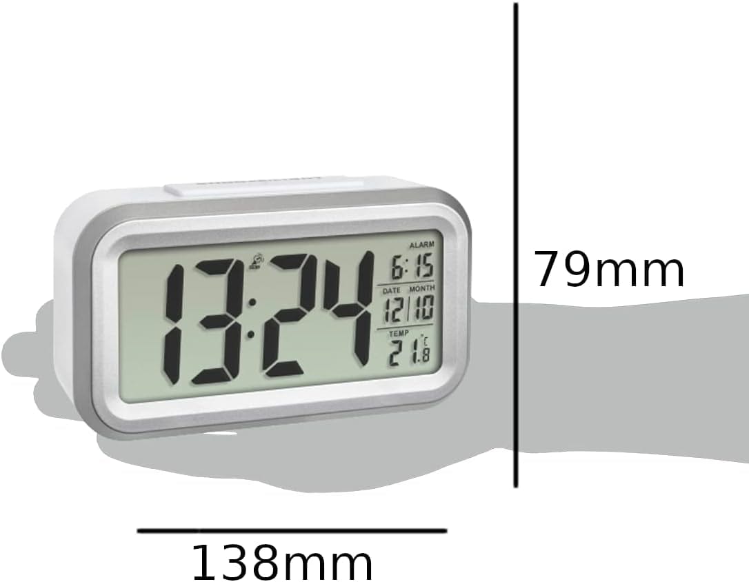TFA Dostmann LUMIO plus Digitaler Funk-Wecker Mit Temperatur, 60.2553.02, Automatische Nachtbeleuchtung Einstellbar, Lcd-Display, Datum Inkl Funkuhr, Weiß/Silber Weiß/Silber