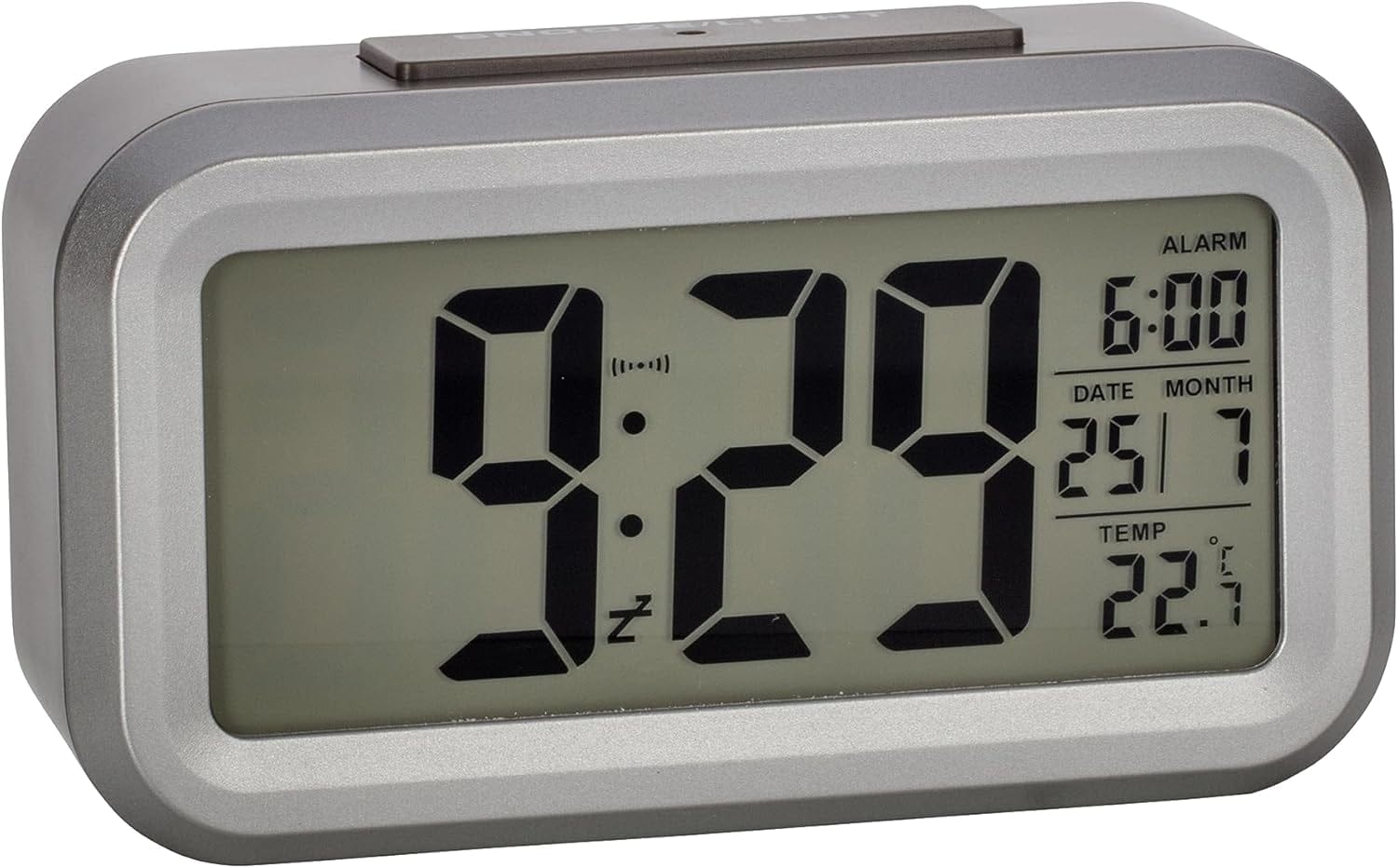 TFA Dostmann LUMIO plus Digitaler Funk-Wecker Mit Temperatur, 60.2553.02, Automatische Nachtbeleuchtung Einstellbar, Lcd-Display, Datum Inkl Funkuhr, Weiß/Silber Weiß/Silber