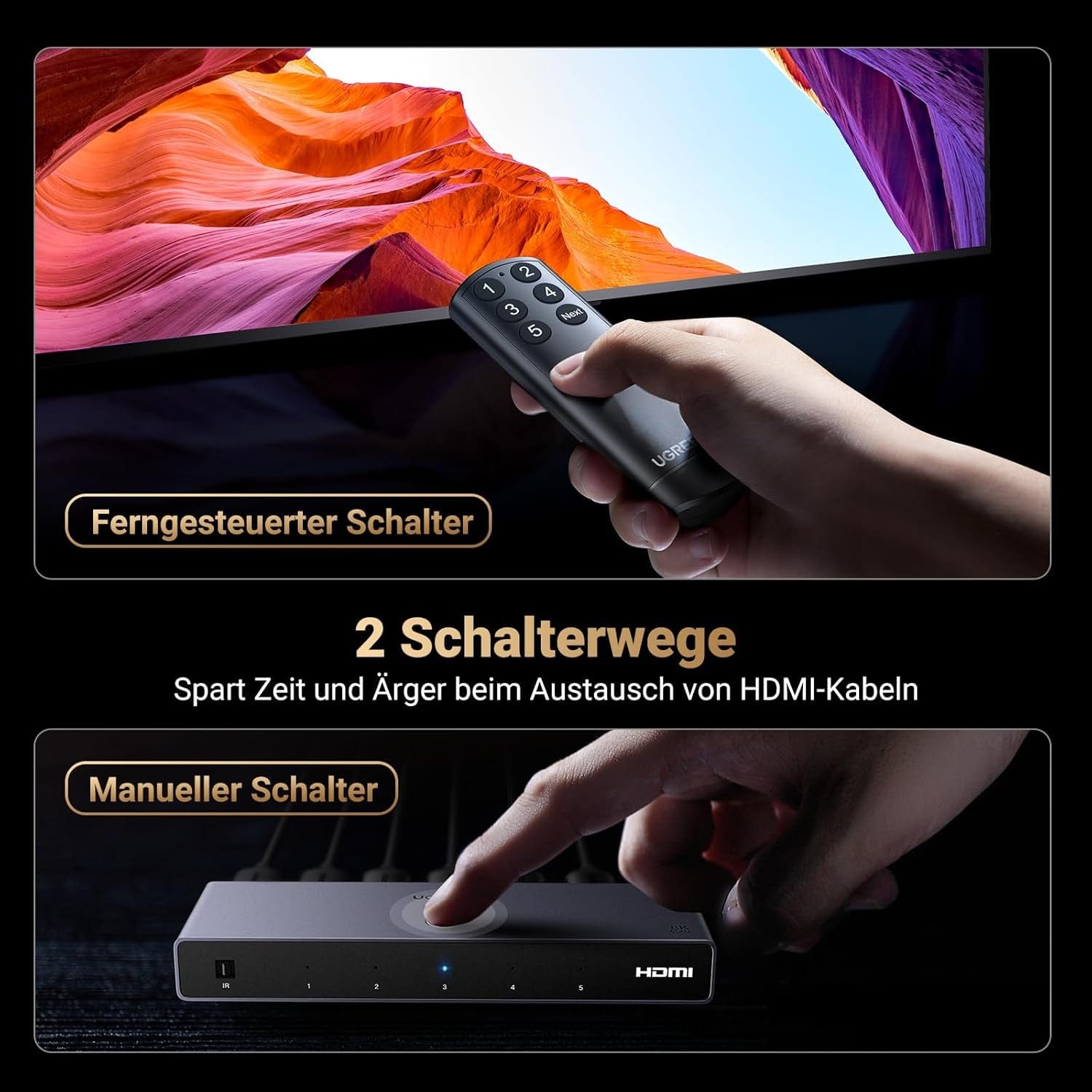 UGREEN 8K@60Hz HDMI Switch 5 in 1 Out Aluminium Unterstützung 4K@240Hz HDR10+ HDCP 2.3 CEC HDMI 2.1 Switch Splitter Mit Stromadapter Kompatibel Mit PS5/4 Xbox Switch