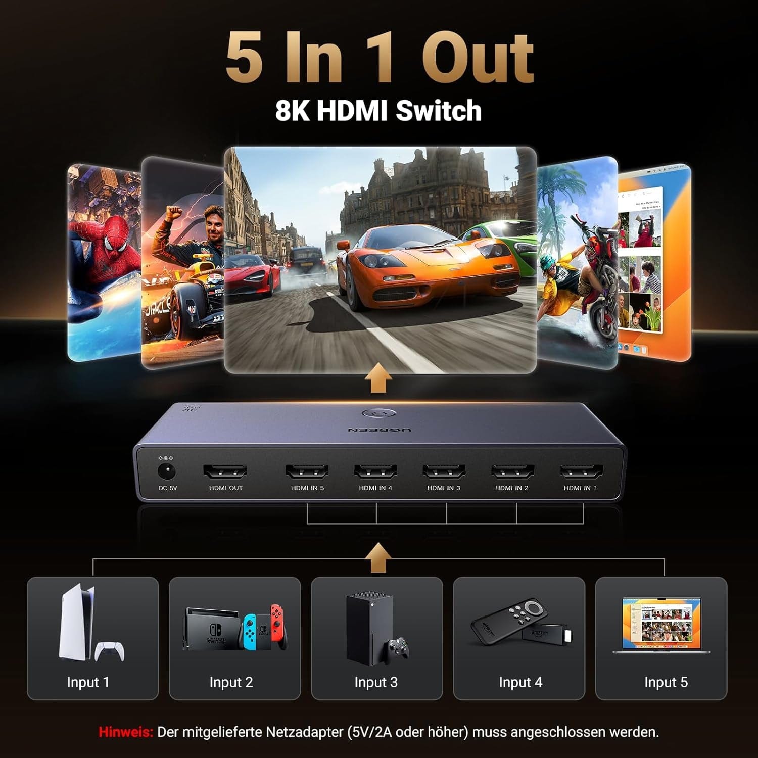 UGREEN 8K@60Hz HDMI Switch 5 in 1 Out Aluminium Unterstützung 4K@240Hz HDR10+ HDCP 2.3 CEC HDMI 2.1 Switch Splitter Mit Stromadapter Kompatibel Mit PS5/4 Xbox Switch