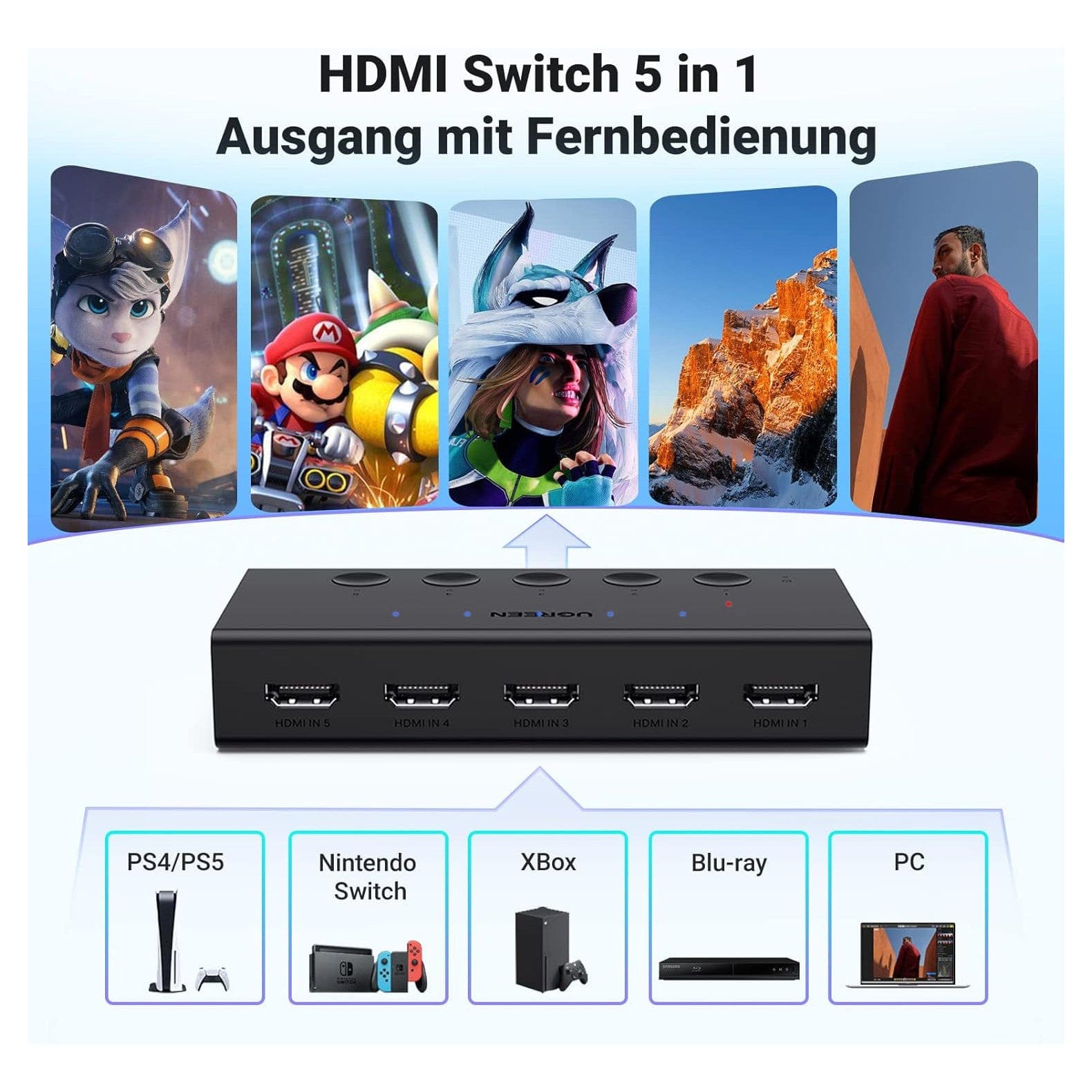 UGREEN HDMI 2.0 5-Port KVM Switch Splitter, 4K@60Hz Support for 3D/CEC/HDR/HDCP 2.2, Compatible with PS5/4, Xbox, Apple TV, Skybox, Blu-Ray, HDTV, and Monitors