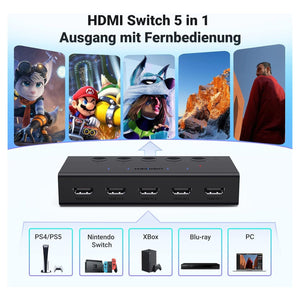 UGREEN HDMI 2.0 5-Port KVM Switch Splitter, 4K@60Hz Support for 3D/CEC/HDR/HDCP 2.2, Compatible with PS5/4, Xbox, Apple TV, Skybox, Blu-Ray, HDTV, and Monitors
