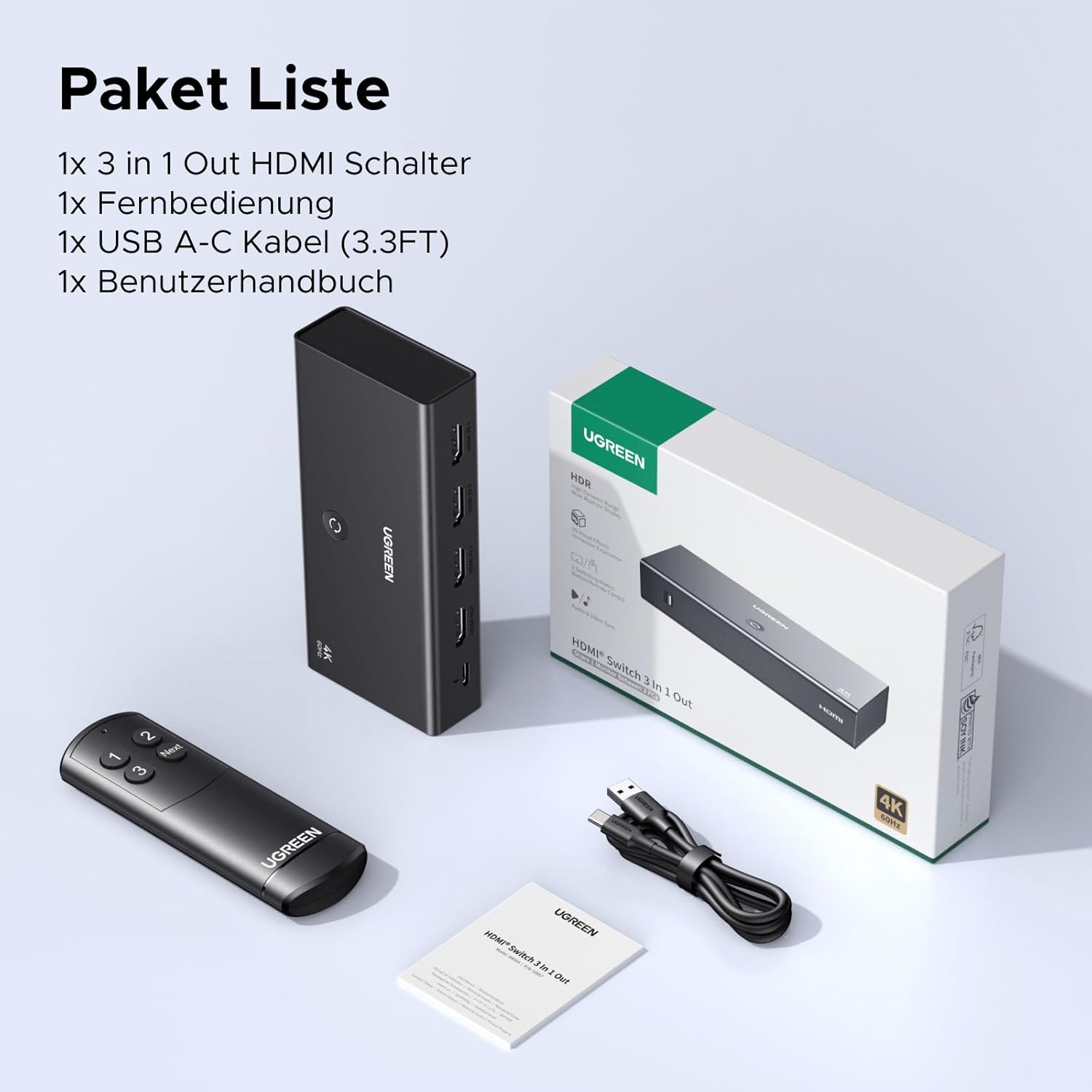 UGREEN HDMI Switch 3 in 1 Out 4K@60Hz, HDMI Splitter Mit Fernbedienung Unterstützt HDR10+ CEC HDCP2.2 Kompatibel Mit Switch PS5/4/3 Xbox Blu Ray Player