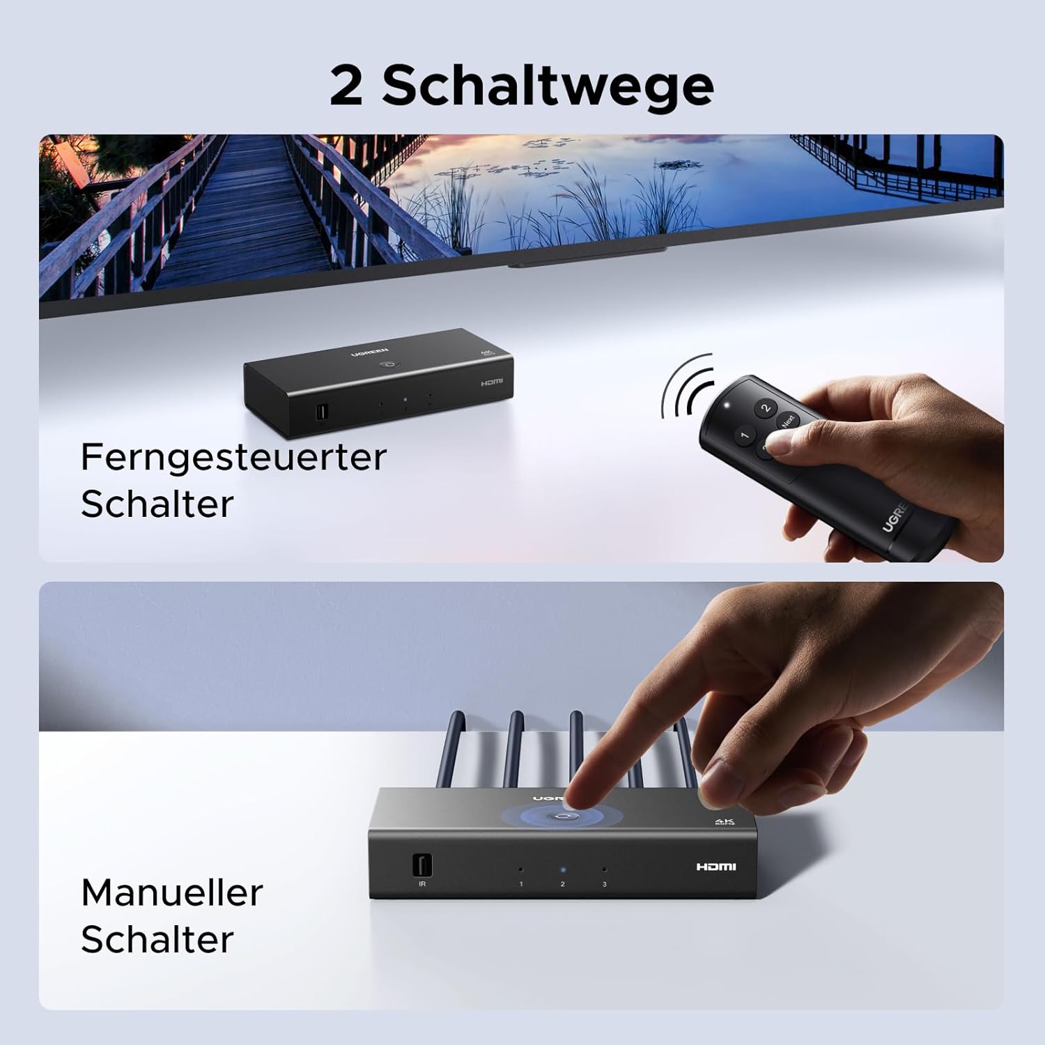 UGREEN HDMI Switch 3 in 1 Out 4K@60Hz, HDMI Splitter Mit Fernbedienung Unterstützt HDR10+ CEC HDCP2.2 Kompatibel Mit Switch PS5/4/3 Xbox Blu Ray Player