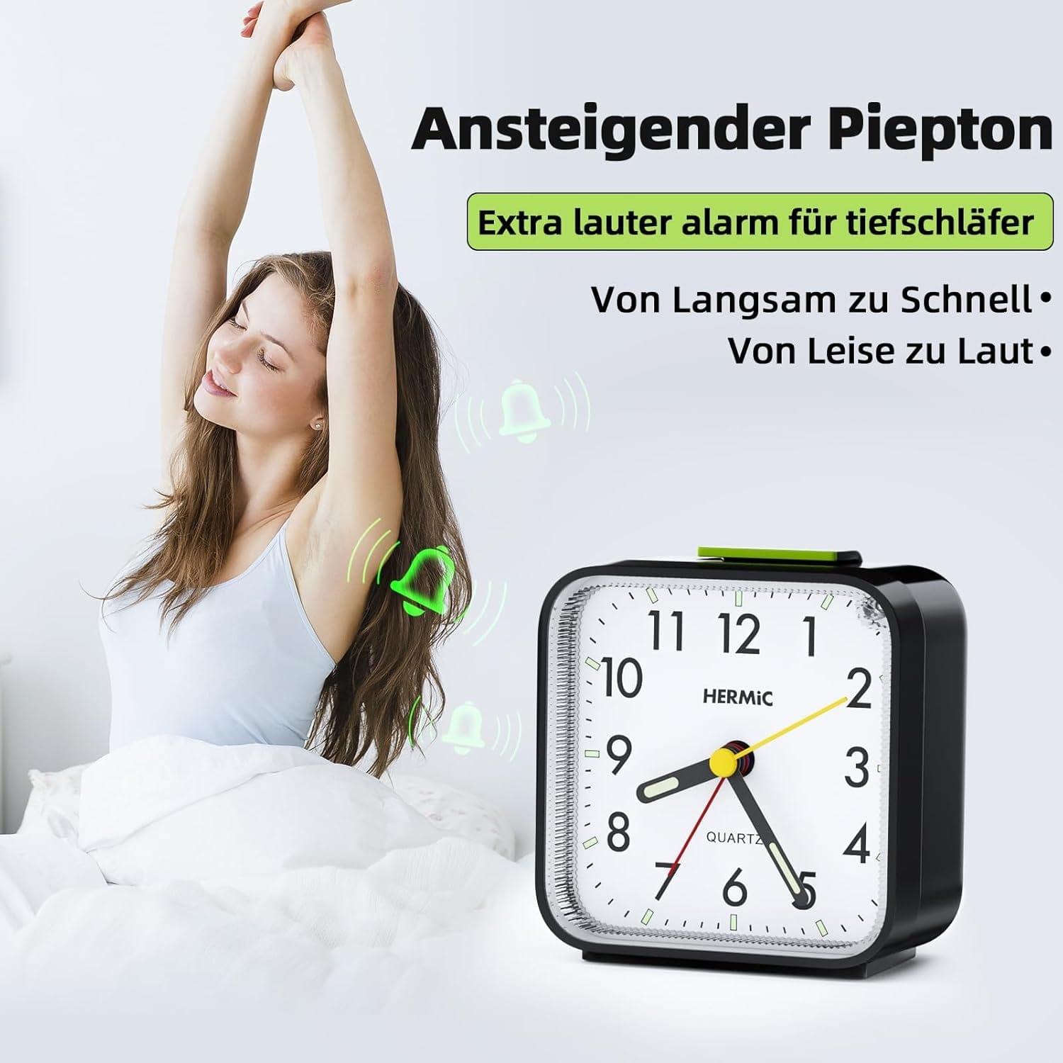 Wecker Analog Ohne Ticken Wecker Mit Licht, Batteriebetrieben, Lauter Alarm, Schlummerfunktion, Geräuschlos, Leuchtziffern Tragbarer Leise Klein Reisewecker Für Tiefschläfer Schwarz