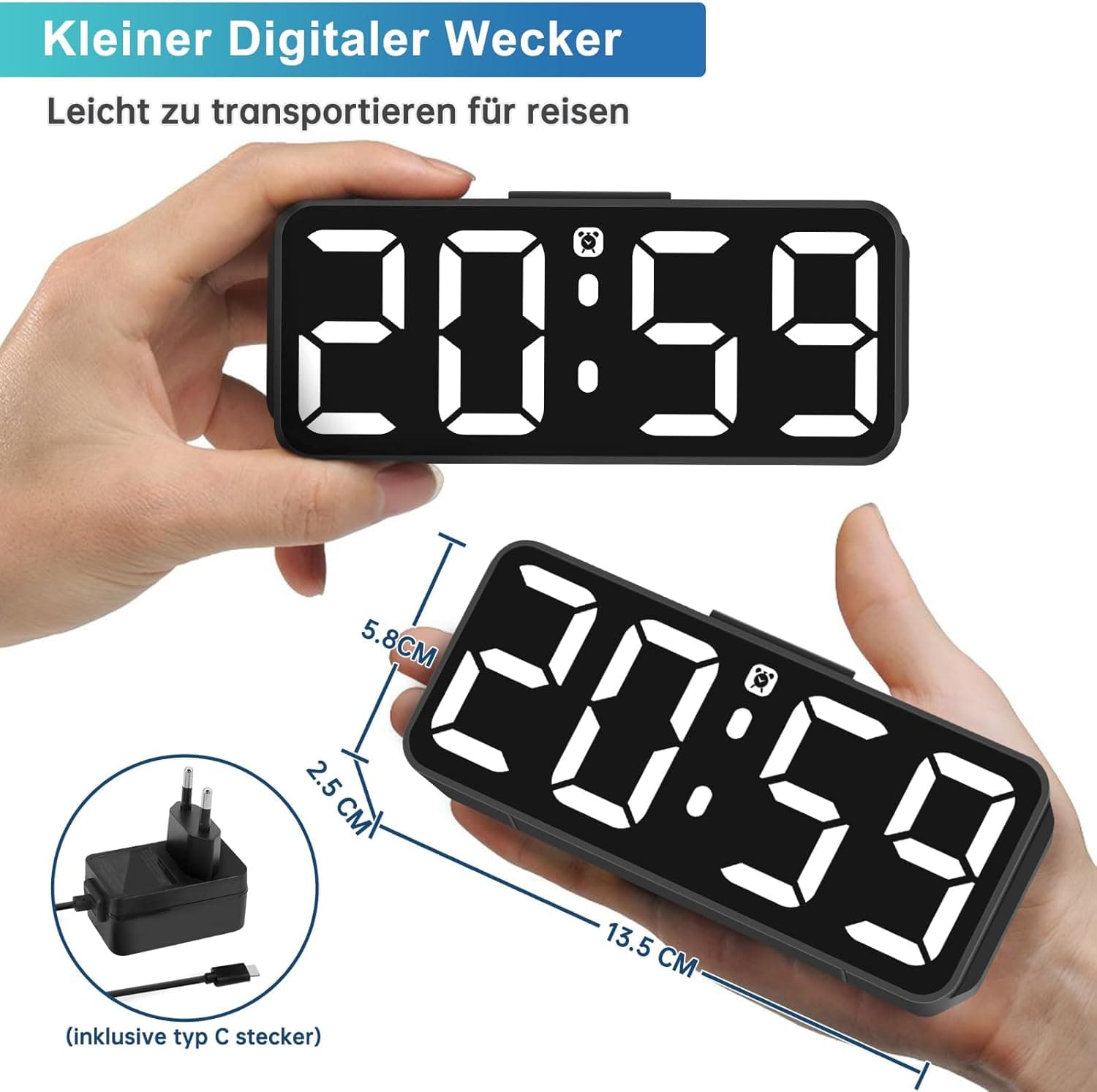 Wecker Digital Ohne Ticken Wecker Für Kinder Kleiner Uhr Lautstärke Und Helligkeit Einstellbar Snooze Funktion 12/24 Stunden Netzbetrieben(Weiß) Schwarz-Weiß