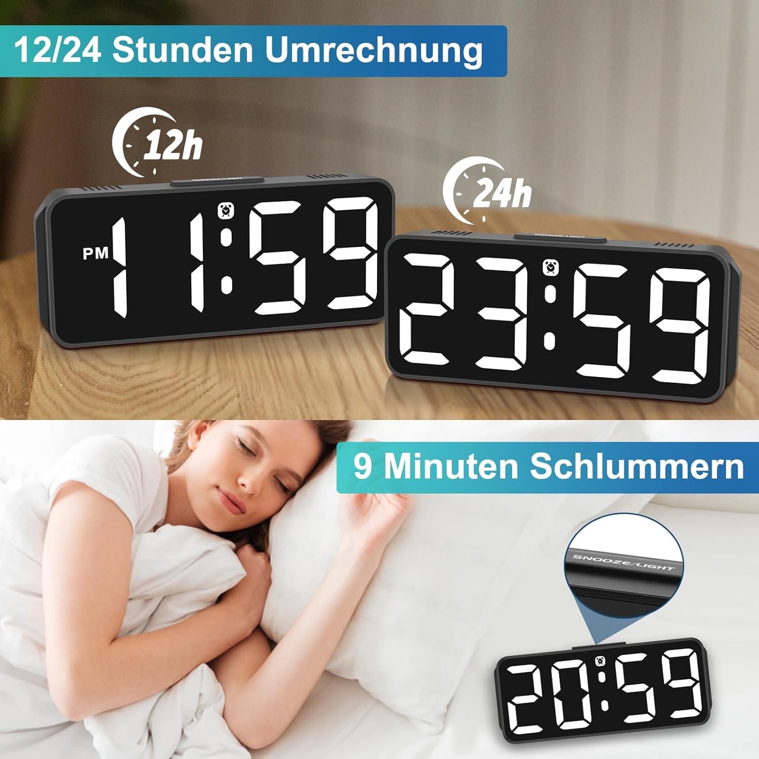 Wecker Digital Ohne Ticken Wecker Für Kinder Kleiner Uhr Lautstärke Und Helligkeit Einstellbar Snooze Funktion 12/24 Stunden Netzbetrieben(Weiß) Schwarz-Weiß
