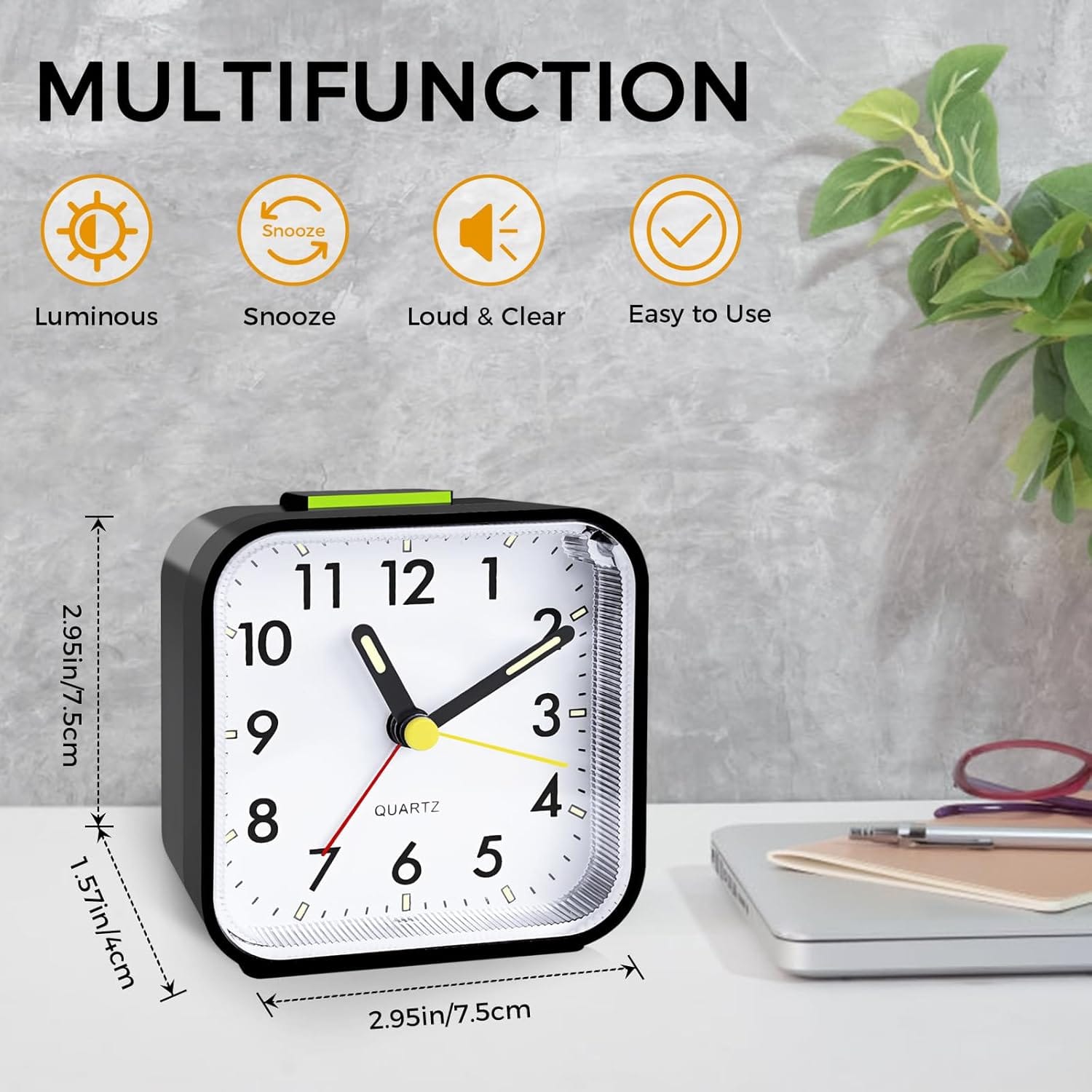Wecker,Wecker Analog Ohne Ticken,Batteriebetrieben, Lauter Alarm,Schlummerfunktion,Geräuschloser Betrieb, Leuchtendes Display, Tragbares Design Für Tiefschläfer. (Schwarz) Schwarz