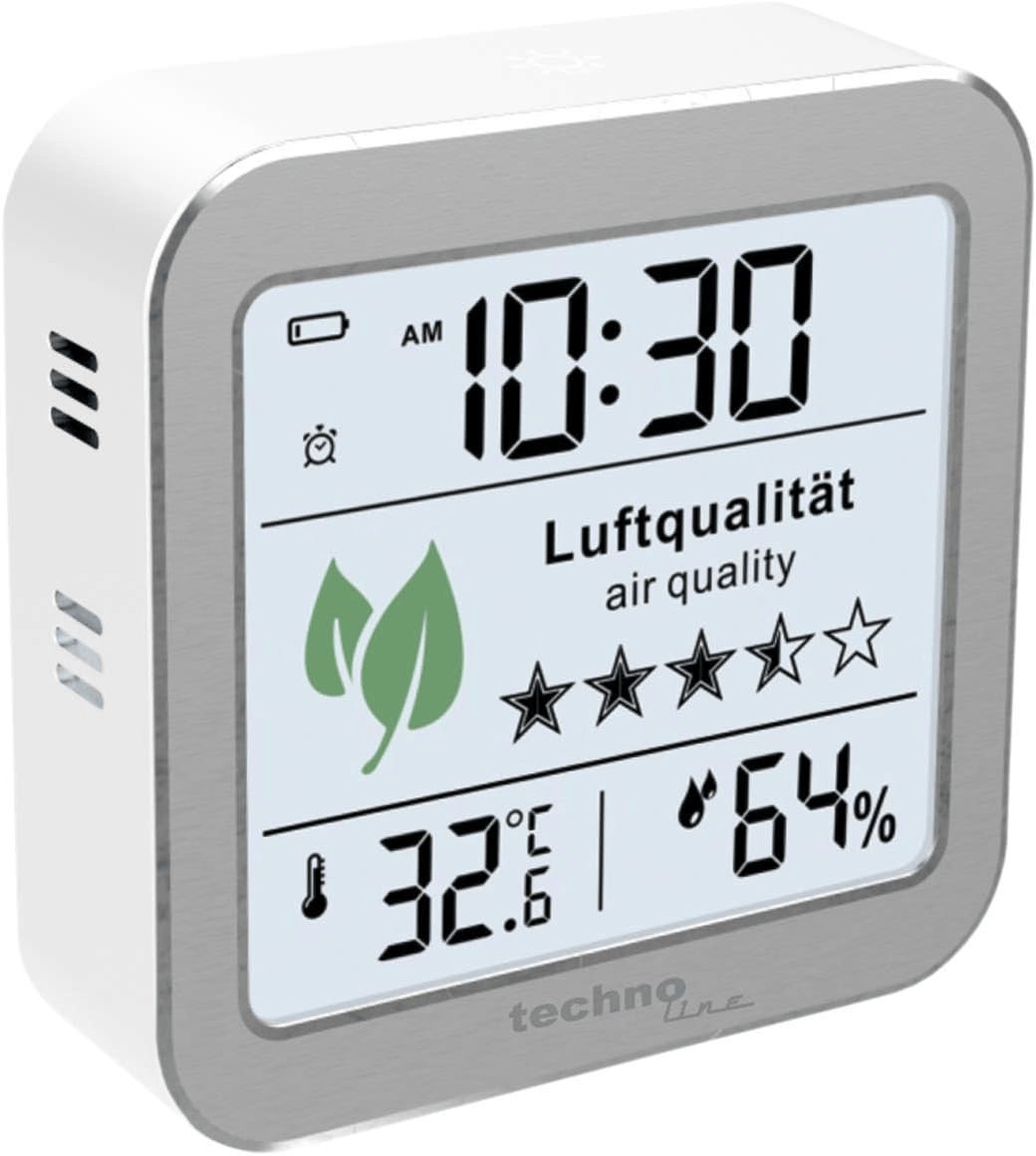 WL1020 Funkwanduhr Mit Luftgüteanzeige, Temperatur & Luftfeuchtigkeit, Tvoc-Sensor, 5-Sterne-Bewertung, Alarm, 12/24H-Format Und Schlummerfunktion – Weiß Mit Led-Hintergrundbeleuchtung Single